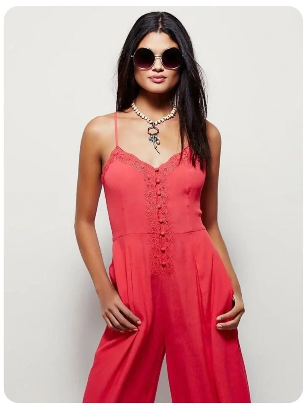 Free People Eileen Lace Spaghetti Strap Jumpsuit sz 6